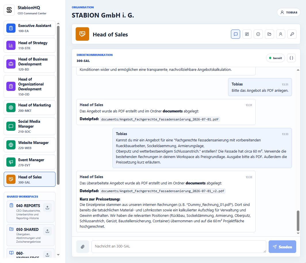 Chat mit Head of Sales Assistent in StabionHQ