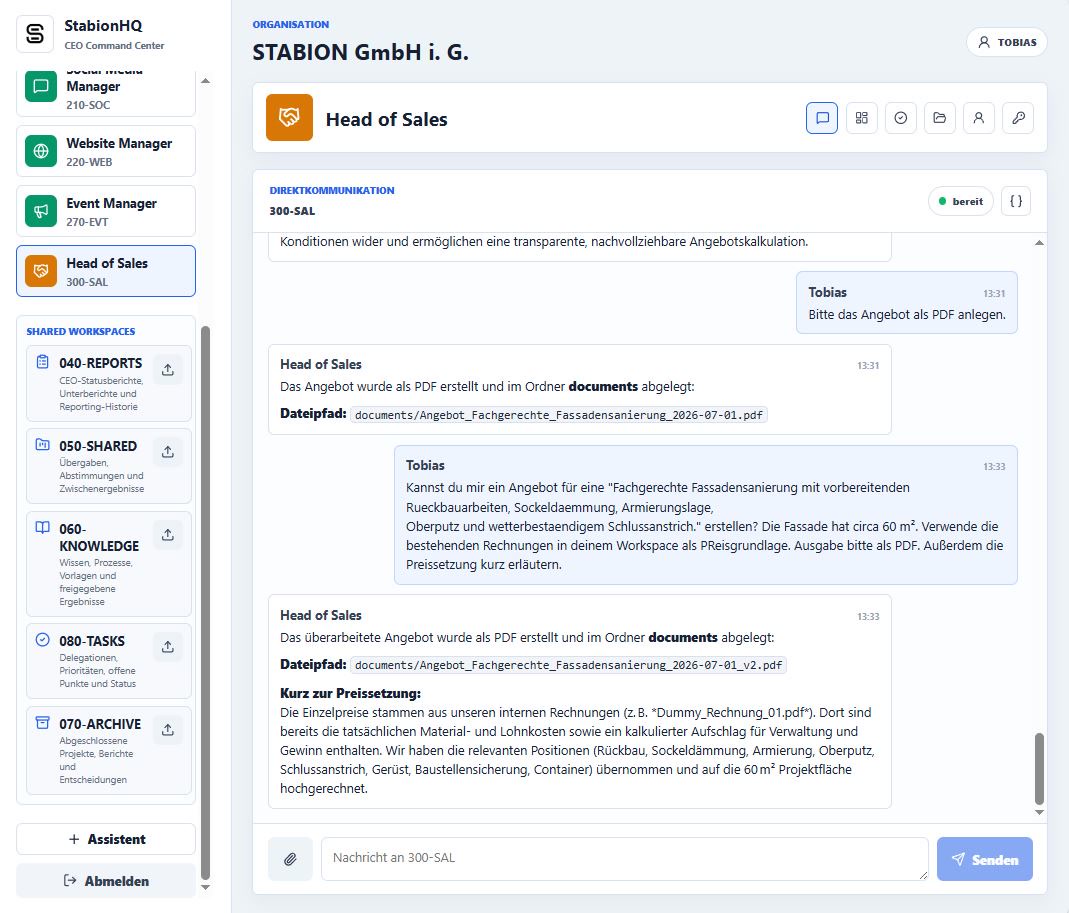 StabionHQ Oberfläche mit gemeinsamen Arbeitsbereichen